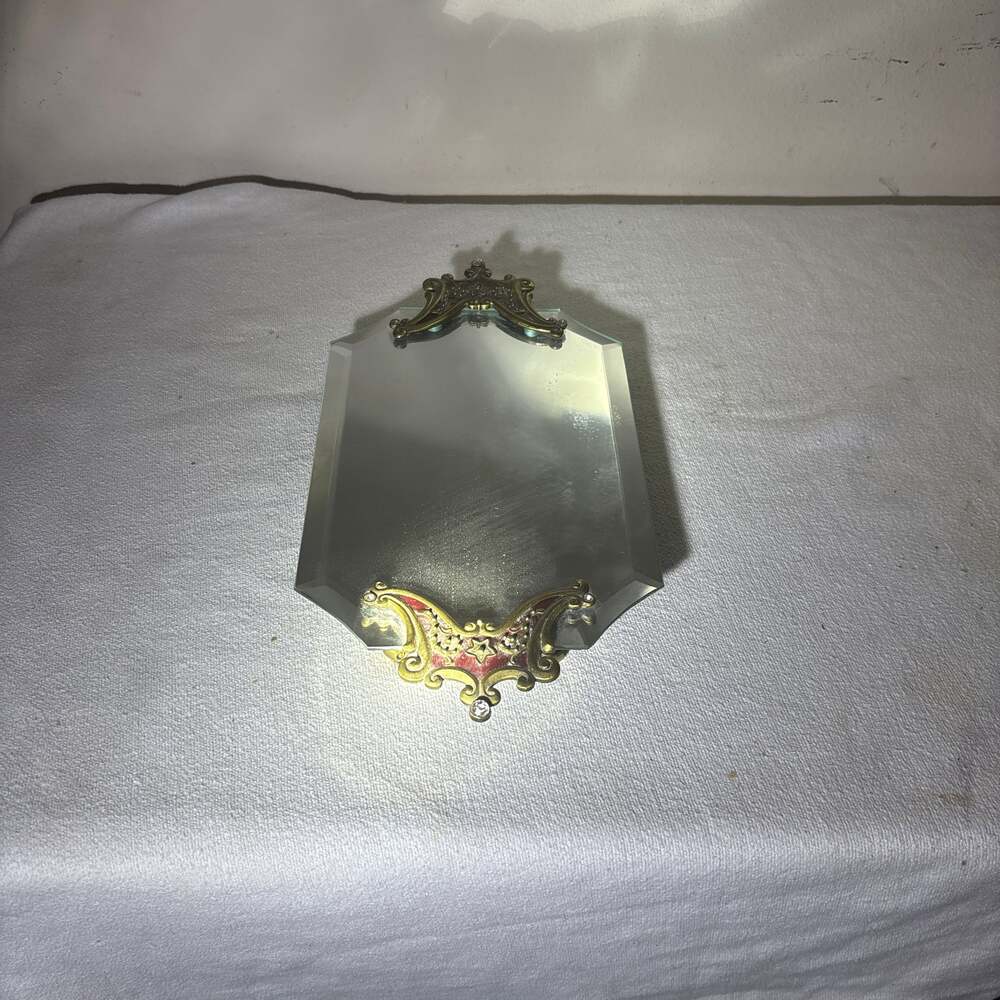Vintage Art Deco Beveled Octagonal Mirror with Ornate Brass Filigree Accents